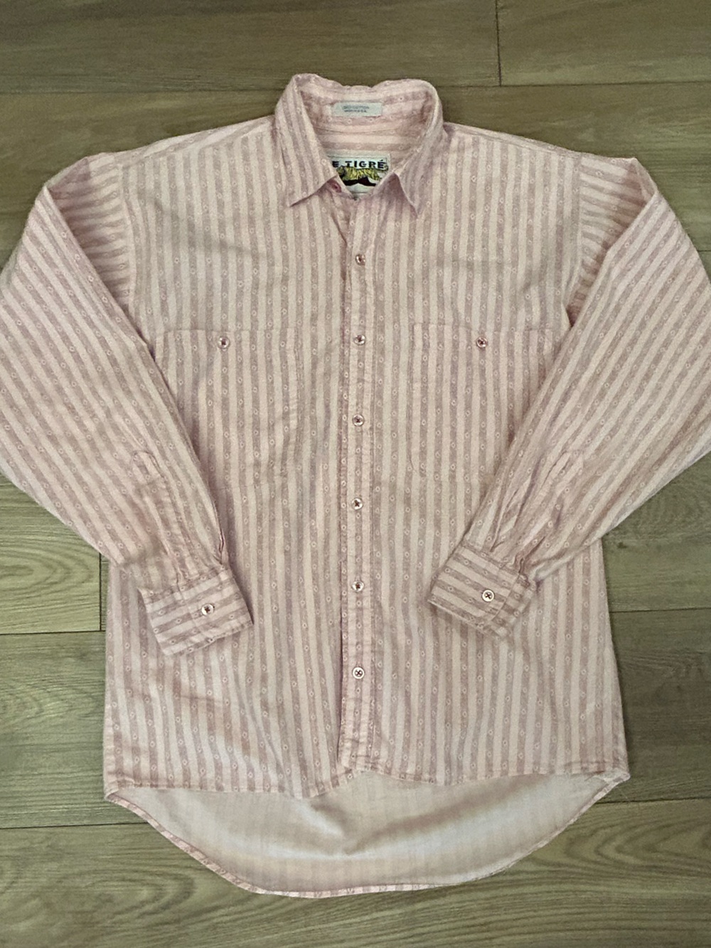 Vintage Le Tigre Pink Striped Button Down Shirt USA Made Preppy Mens Small